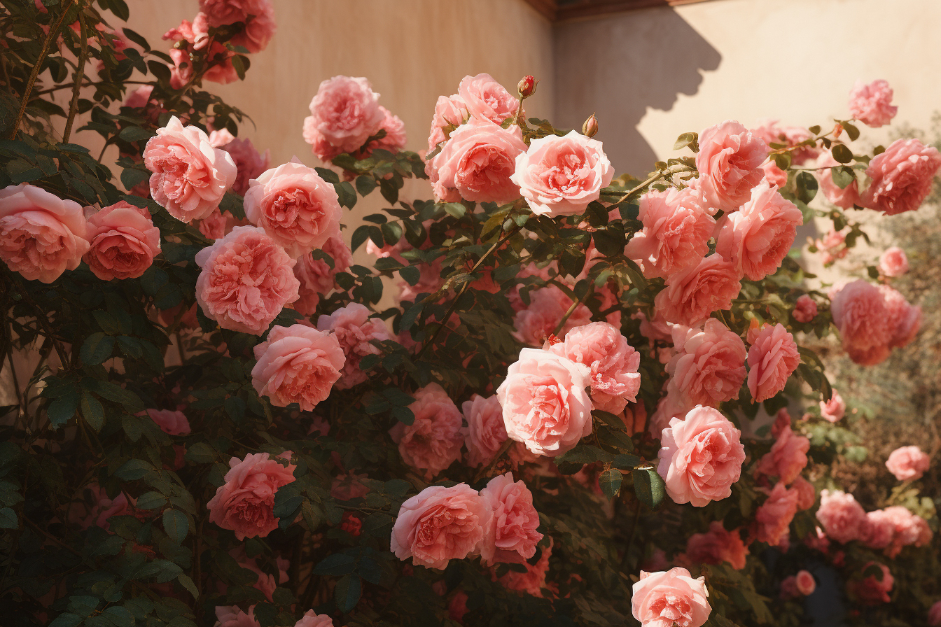 Rosal en flor junto a un muro bañado por el sol
